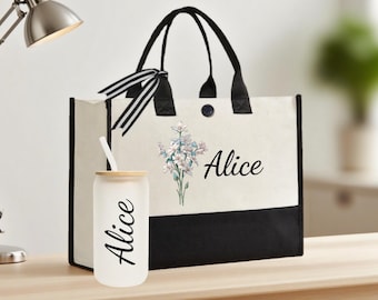 Personalized Birth Flower Tote Bag,Custom Floral Name Tote Bag for Her,Bachelorette Party Bag,Bridesmaid Tote Bag,Bridesmaid Gifts