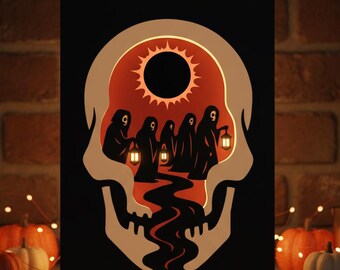 Skull Lantern Shadow Box SVG | Eclipse Halloween Papercut Lightbox | Gothic Layered Cricut Template