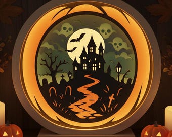 Halloween Pumpkin Shadow Box SVG | Haunted House, Papercut Lightbox (Digital Download)