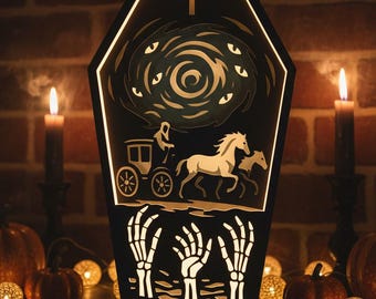 Coffin Shadow Box SVG | Gothic Funeral Carriage Papercut Lightbox | Halloween Coffin Lantern Cricut