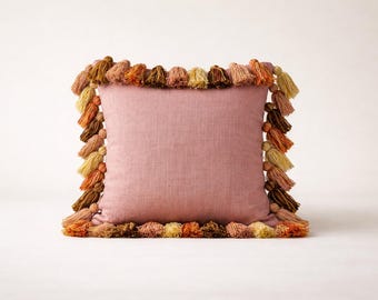 Handmade Stone Washed Cotton Cushion Cover - Dusty Rose with Earth-Tone Tassels (40x40cm)