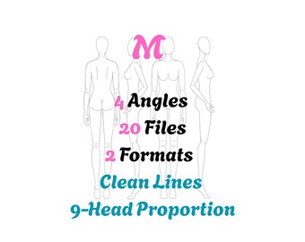 May include: Illustration of four fashion figure templates in different poses. The image includes text that reads "4 Angles, 20 Files, 2 Formats, Clean Lines, 9-Head Proportion."
