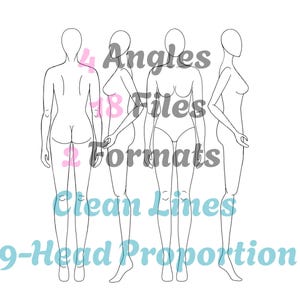Fashion Croquis Size M- 4 Views (front, back, left, right) Basic • Female 9 Heads Template • PDF + PNG • A4 & US Letter