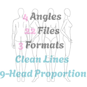 Fashion Croquis Size M – 4 Views (Front, Back, Side) PREMIUM • Female 9 Heads Figure Template • PSD + PdF + PnG • A4 & US Letter