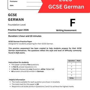 2026 GCSE German Writing Practice Paper (Foundation) | Mark Scheme + Model Answers + Exam Tips