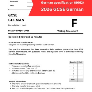 Puede incluir: Un examen de práctica de alemán GCSE para el examen de 2026. El documento incluye una evaluación de escritura y está diseñado para estudiantes que se preparan para su examen de alemán GCSE. El documento contiene cinco preguntas y tiene una duración de 1 hora y 10 minutos.