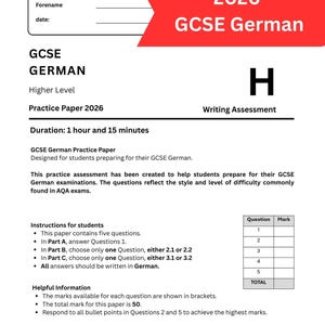 May include: A practice paper for the 2026 GCSE German exam. The document includes sections for surname, forename, and date. The paper is designed for a 1 hour and 15 minutes duration and includes instructions and helpful information.