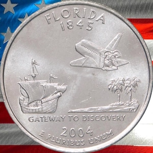 2004 P & D Florida State Quarter Circulated US Mint 25C Coin Collectible Space Shuttle Galleon Sabal Palm Coin