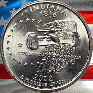 2002 P & D Indiana State Quarter Circulated US Mint 25C Coin Collectible Race Car Monument Historic Coin