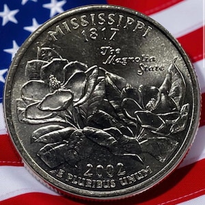 May include: A close-up of a Mississippi quarter coin from 2002, featuring a detailed magnolia flower design. The coin is set against a backdrop of the American flag, with its stars and stripes visible.