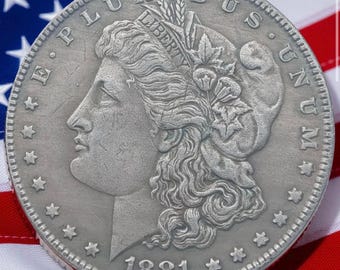 Moeda Liberty de 1881 no estilo do dólar Morgan | Acabamento prateado antigo | Presente histórico colecionável