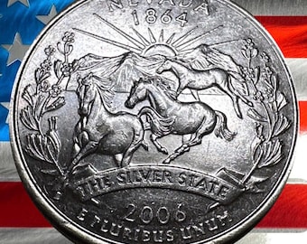 Moneda de 25 centavos del estado de Nevada de P&D de 2006, circulada, de la Casa de la Moneda de EE. UU., colección histórica con diseño de caballos salvajes y desierto.