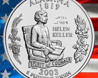 Moneda de 25 centavos de dólar del estado de Alabama de 2003, acuñada en la Casa de la Moneda de EE. UU., con la imagen de una flor de camelia. Moneda histórica de colección.