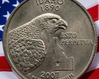 Moneda de 25 centavos de dólar del estado de Idaho de 2007, acuñada en la Casa de la Moneda de EE. UU., con diseño de escenas de montaña.