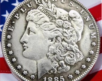 Moeda Liberty estilo dólar Morgan de 1885 | Acabamento prateado antigo vintage | Presente histórico colecionável