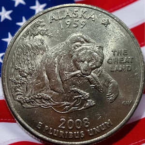 2008 P & D Alaska State Quarter Circulated US Mint 25C Coin Collectible Grizzly Bears Northern Lights Coin