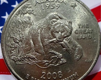 Moneda de 25 centavos de dólar del estado de Alaska de 2008, acuñada en la Casa de la Moneda de EE. UU., de colección, con osos grizzly y auroras boreales.