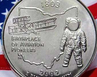 Moneda de 25 centavos de Ohio State, circulada por P&D, de 2002, de la Casa de la Moneda de EE. UU., coleccionable, con el contorno del estado de Wright Flyer.