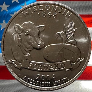 2004 P & D Wisconsin State Quarter Circulated US Mint 25C Coin Collectible Dairy Cow Outline Historic Coin