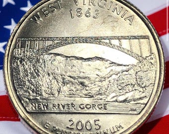 Moneda de 25 centavos del estado de Virginia Occidental de P&D de 2005, circulada, de la Casa de la Moneda de EE. UU., coleccionable, diseño histórico de New River Gorge.
