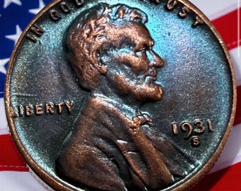 1931 S Lincoln Die Obverse | Rare Blue toning | Wheat Cent Coin - Uncirculated | Historical Collectible