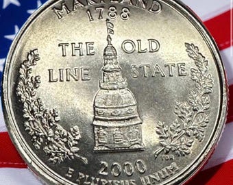 Moneda de 25 centavos de Maryland de 2000 P&D, circulada, de la Casa de la Moneda de EE. UU., coleccionable, con forma de cúpula del Capitolio y hojas de roble.