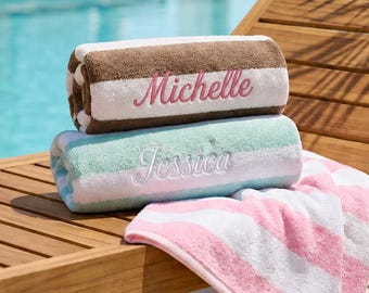 Personalized Embroidered Cabana Stripe Towels,Custom Pool Towel for Adults,Monogrammed Coral Beach Towel,Cotton Bath Towel,Wedding Favor