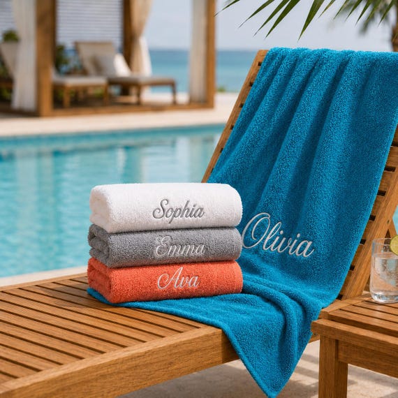 Personalized Embroidered Beach Towels, Custom Pool Towel for Adults, Monogrammed Coral Beach Towel, Cotton Bath Towel, Wedding Favor