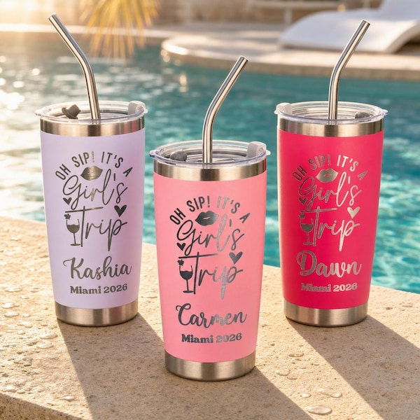 Girls Trip Tumbler, Personalized Engraved Skinny Cup with Name, Oh Sip Matching Vacation Gift for Friends