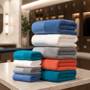 May include: A stack of folded bath towels in various colors including blue, white, gray, and orange. The towels are arranged in two columns, with a larger stack on the right and a smaller stack on the left, all featuring a solid, textured fabric.
