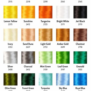 May include: A color chart featuring thirty rectangular swatches of embroidery thread in various shades including Blush Pink, Rose Pink, True Red, Burgundy, Coral Peach, Lemon Yellow, Sunshine, Tangerine, Bright White, Jet Black, Ivory, Sand Dune, Light Gold, Amber Gold, Chestnut, Silver, Charcoal, Mint Green, Leaf Green, Emerald, Olive Green, Forest Green, Turquoise, Sky Blue, Royal Blue, Navy Blue, Lilac, Violet, and Orchid, each labeled with a name and number.
