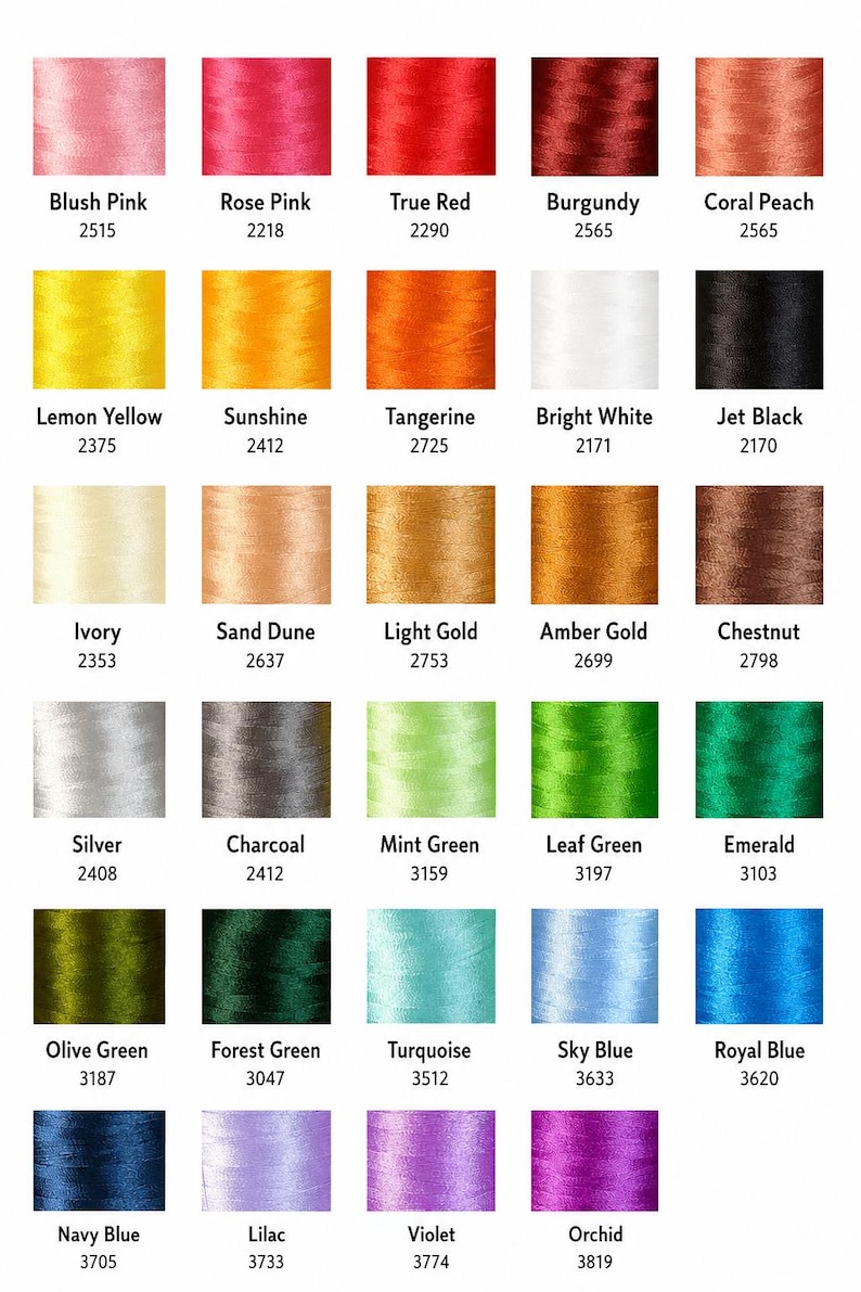 May include: A color chart featuring thirty rectangular swatches of embroidery thread in various shades including Blush Pink, Rose Pink, True Red, Burgundy, Coral Peach, Lemon Yellow, Sunshine, Tangerine, Bright White, Jet Black, Ivory, Sand Dune, Light Gold, Amber Gold, Chestnut, Silver, Charcoal, Mint Green, Leaf Green, Emerald, Olive Green, Forest Green, Turquoise, Sky Blue, Royal Blue, Navy Blue, Lilac, Violet, and Orchid, each labeled with a name and number.