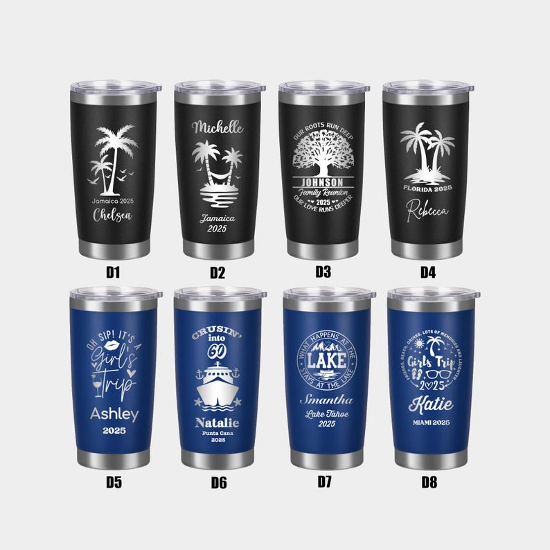 May include: A collection of eight stainless steel travel tumblers. The tumblers are black and blue with silver lids. Each tumbler features personalized text and graphics, including palm trees, a family tree, and text such as "Girls Trip".
