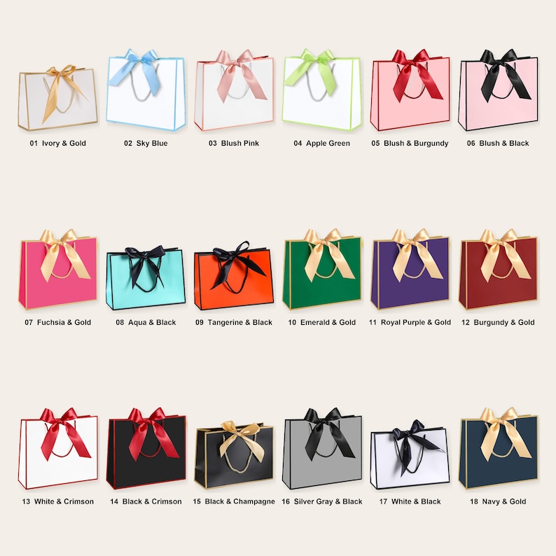 May include: A collection of eighteen rectangular gift bags arranged in three rows, each featuring a satin ribbon bow, cord handles, and contrasting edge trim. The bags are displayed in various colour combinations including ivory, pink, green, and navy.