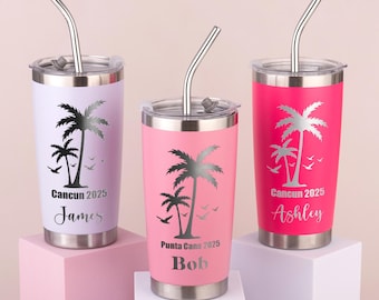 Personalized Tumbler 20oz Stainless Steel Cup, Double Wall Insulated Vacation Tumbler, Custom Girls Trip Travel Mug