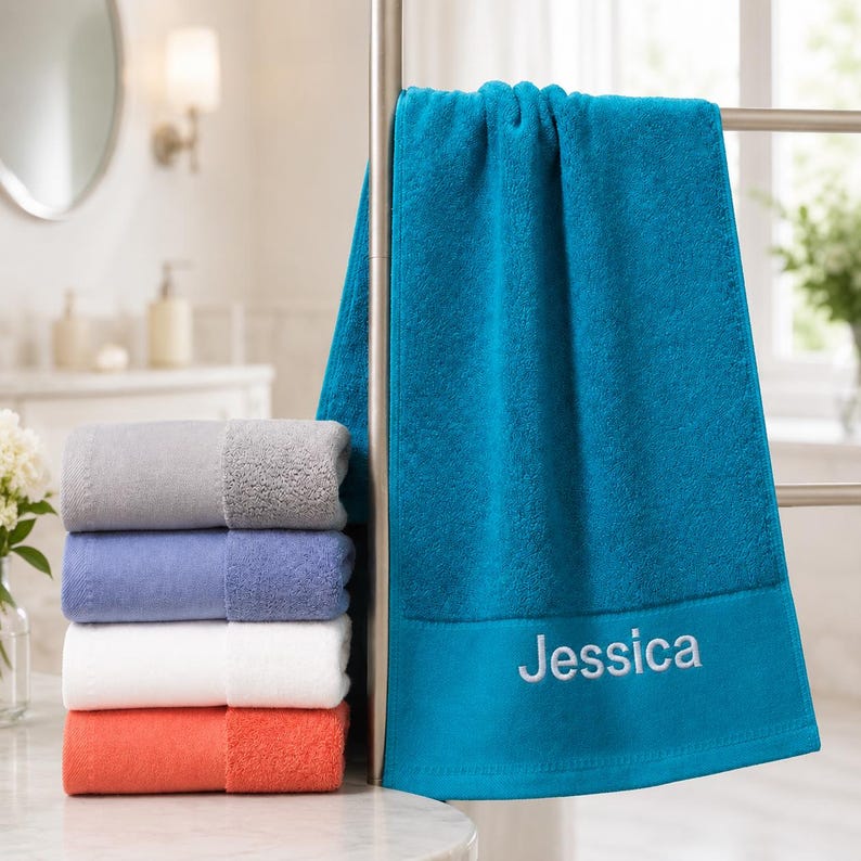 May include: A stack of four folded cotton towels in gray, light blue, white, and coral, positioned next to a hanging teal towel featuring the embroidered name Jessica in a light gray script font on the lower border of the fabric.