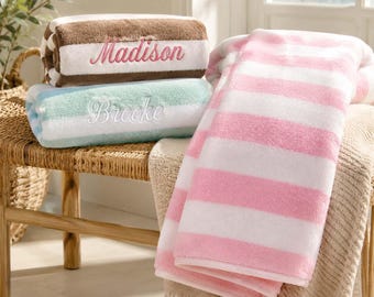 Personalized Embroidered Cabana Stripe Towels,Custom Pool Towel for Adults,Monogrammed Coral Beach Towel,Cotton Bath Towel,Wedding Favor