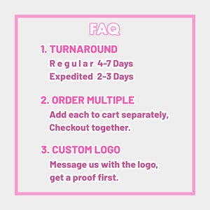 May include: A pink-framed graphic with the word "FAQ" at the top. The text details turnaround times, instructions for ordering multiple items, and how to request a custom logo. The background is light gray.