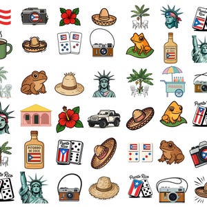 Puede incluir: Una colección de ilustraciones de dibujos animados coloridos con símbolos culturales puertorriqueños. Incluye la bandera de Puerto Rico, cámaras, sombreros, dominós, una rana, la Estatua de la Libertad, un jeep, una taza de café y una botella de Pitorro de Coco.