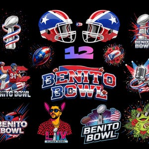 May include: A collection of graphic designs with a black background, featuring football helmets, footballs, and the text "BENITO BOWL." The designs incorporate red, white, and blue colors, with stars and the number "12" prominently displayed. Some designs include a microphone and a frog wearing sunglasses.