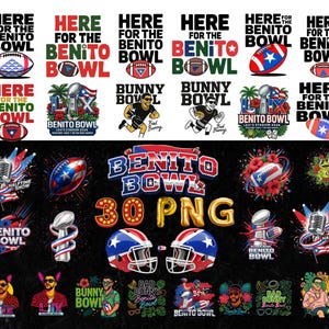 May include: A collection of digital graphics with the text "Here for the Benito Bowl" and "Benito Bowl" in various designs. Includes footballs, helmets, and illustrations of a bunny character. The graphics are in red, green, blue, and white.