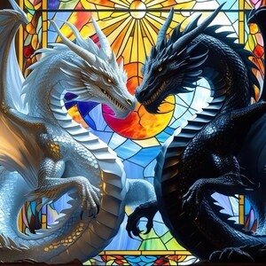 1,000-piece Jigsaw Puzzle for Adults: Dragons of Light and Darkness, Stained Glass Art Style