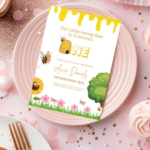 1st Bee Day Invitation Editable, Floral Girl First Birthday Invite, Bumble Bee Party Canva Template, Honey Bee First, 1st Birthday Invite