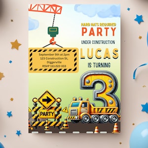 Modern Construction Birthday Digital Invitation, Dump Trucks Party Mobile Invite, Outdoor Birthday, Excavator Invite, Editable Boys Invite