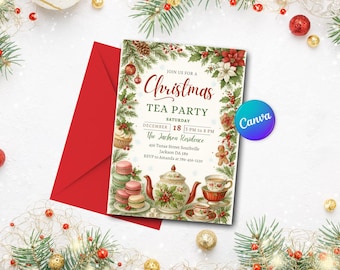 May include: A Christmas Tea Party invitation with a red envelope. The invitation features a festive design with a teapot, teacups, and macarons. The text reads "Christmas Tea Party" with the date and time.