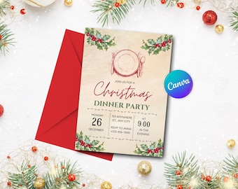 May include: A Christmas Dinner Party invitation with a red envelope. The invitation features a plate and cutlery illustration, holly accents, and the text "Join us for a Christmas Dinner Party". The date is December 26th.