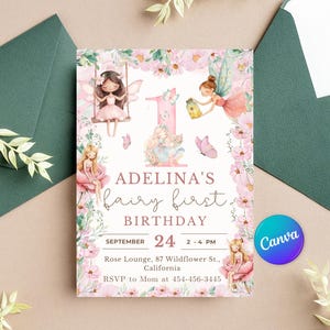 May include: A whimsical fairy-themed first birthday invitation. The design features illustrations of fairies, butterflies, and floral accents in soft pinks and greens. The invitation includes the text "Adelina's fairy first birthday".