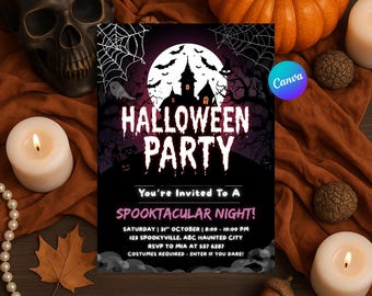 Può includere: Un invito a una festa di Halloween con un design spettrale. L'invito presenta una silhouette di casa infestata, pipistrelli e una luna piena. Il testo recita "Halloween Party" e "Spooktacular Night!"