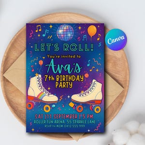 Roller Skating Birthday Invitation | Editable Kids Birthday Party Invite | Printable Digital Download | Retro Disco Skate Party