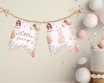 Fairy First Birthday Banner | Pink Floral Party Decor (Editable Printable)